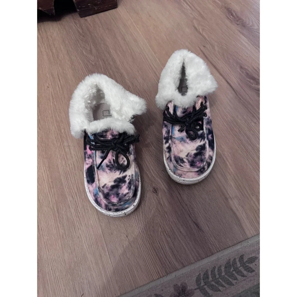 Hey Dude Wendy Youth Tie Dye Pink Purple Faux Fur Lined Slip On Loafers Shoes
